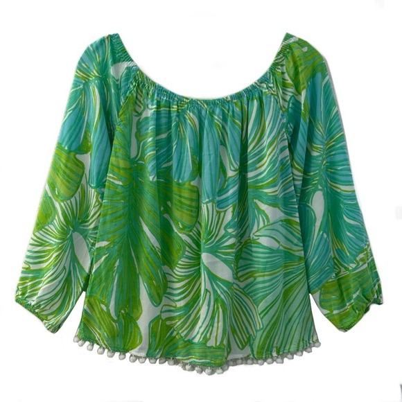 Lilly Pulitzer Enna Off-the-Shoulder Blouse Long Sleeve Pom Pom Hem Top‎ Size XS - Picture 8 of 8